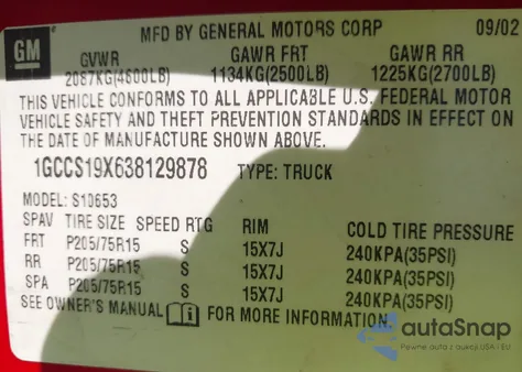 2003 Chevrolet S-10 Ls из США, поврежденный, VIN 1GCCS19X638129878